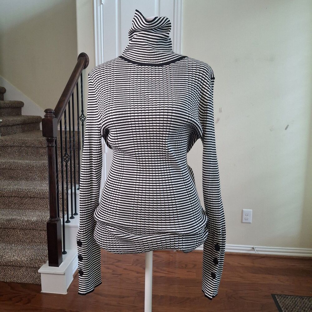 Anthropologie Ribbed Turtleneck Sweater Top Black White Women L Button Nautical